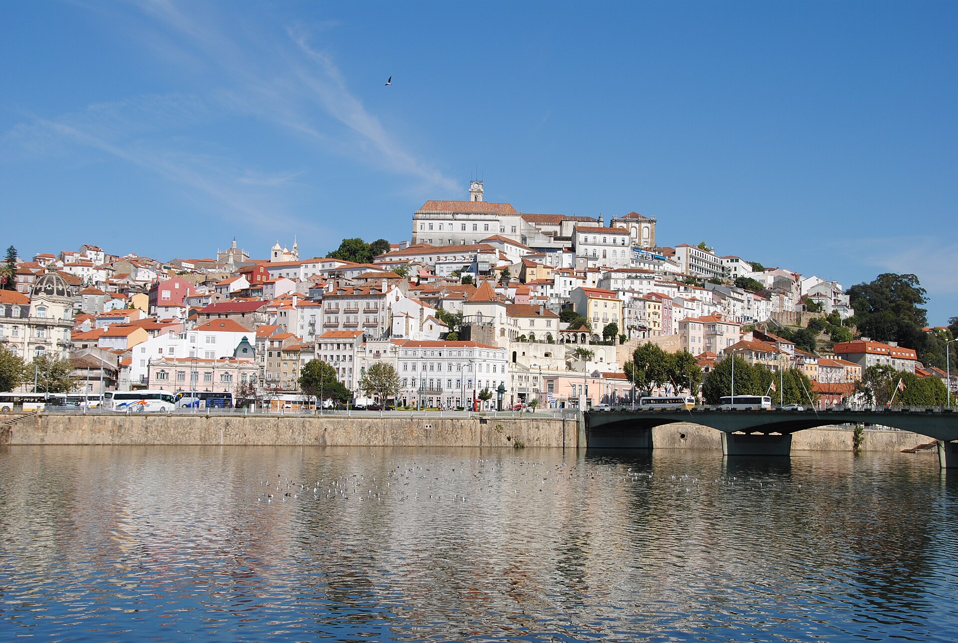 The hill city of Coimbra above the Mondego river, with the university at the top