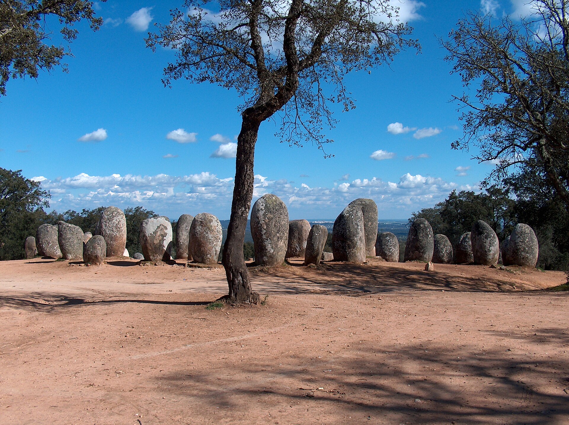 The Almendres stone circle among cork oaks west of Évora